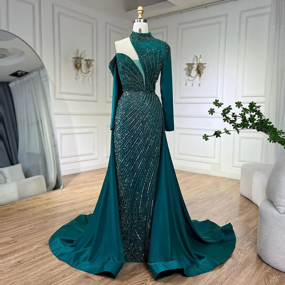Serene Hill Arabic Green Elegant Mermaid One Shoulder Beaded Luxury Dubai Evening Dresses Gowns For Women Wedding Party LA72550 - SERENE HILL