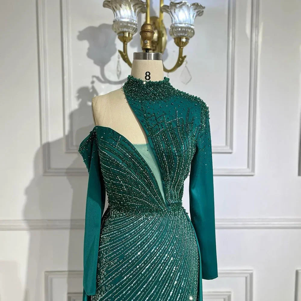 Serene Hill Arabic Green Elegant Mermaid One Shoulder Beaded Luxury Dubai Evening Dresses Gowns For Women Wedding Party LA72550 - SERENE HILL