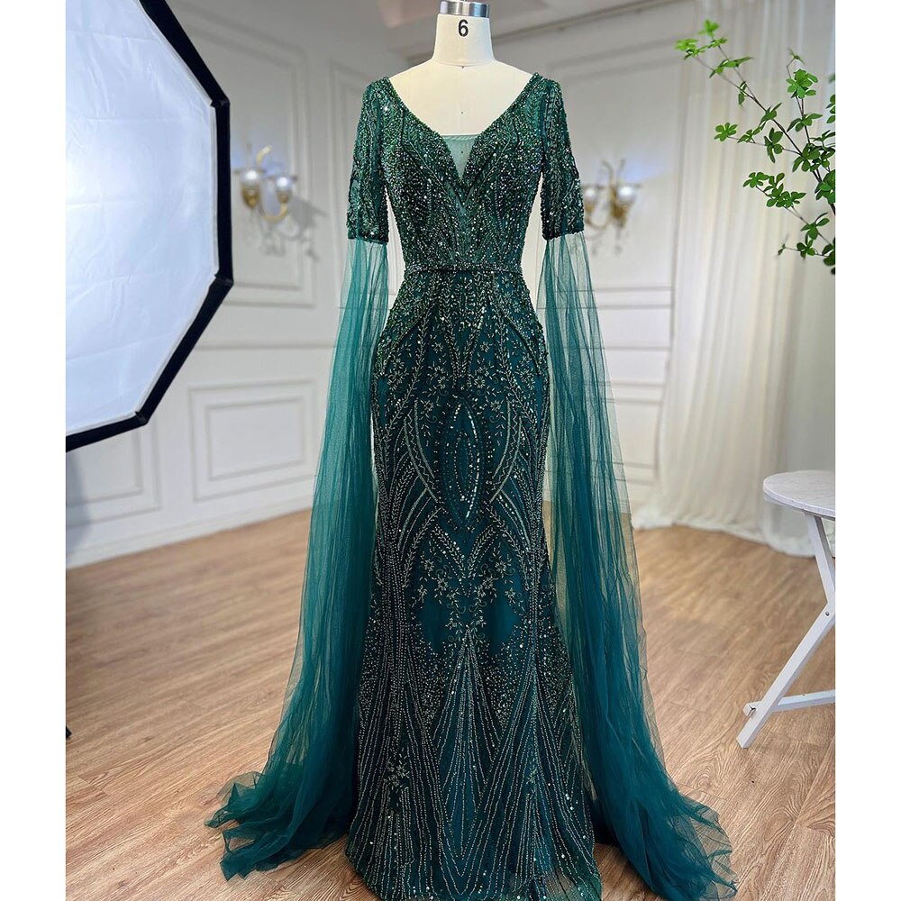 Serene Hill Arabic Green Mermaid Elegant Beaded Evening Dresses With Cape Sleeves Gowns For Women Wedding Party 2025 LA72131 - SERENE HILL