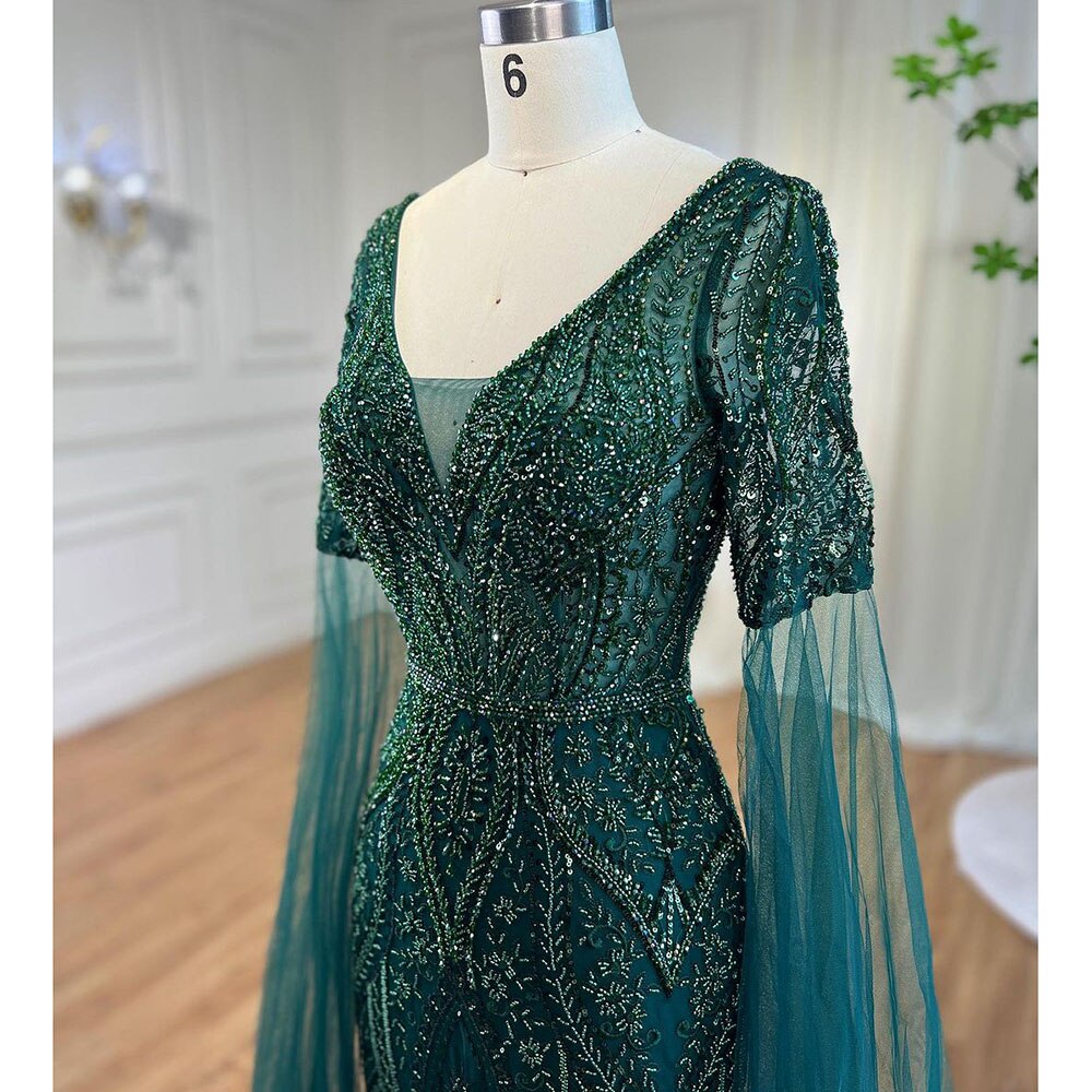Serene Hill Arabic Green Mermaid Elegant Beaded Evening Dresses With Cape Sleeves Gowns For Women Wedding Party 2025 LA72131 - SERENE HILL