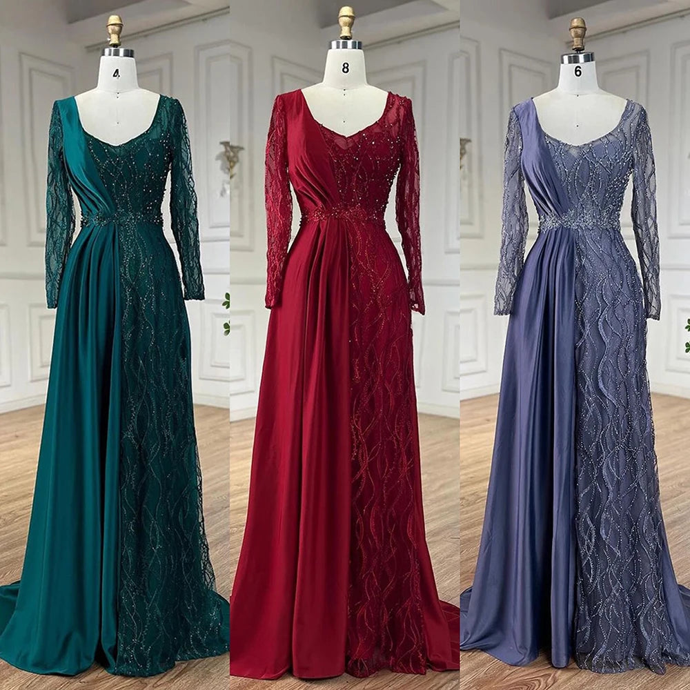 Serene Hill Arabic Green Mermaid Elegant Satin Lace Beaded Luxury Dubai Evening Dresses Gowns For Women Wedding Party LA71860A - SERENE HILL
