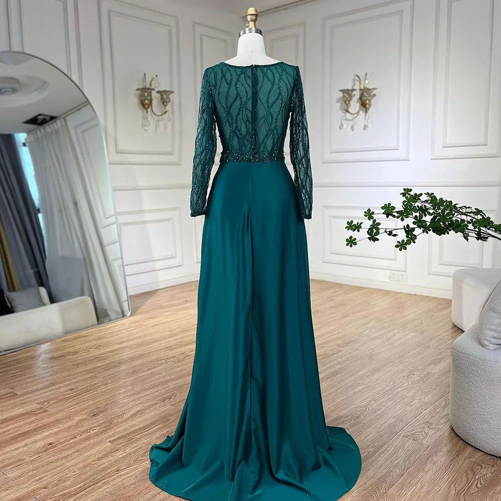 Serene Hill Arabic Green Mermaid Elegant Satin Lace Beaded Luxury Dubai Evening Dresses Gowns For Women Wedding Party LA71860A - SERENE HILL