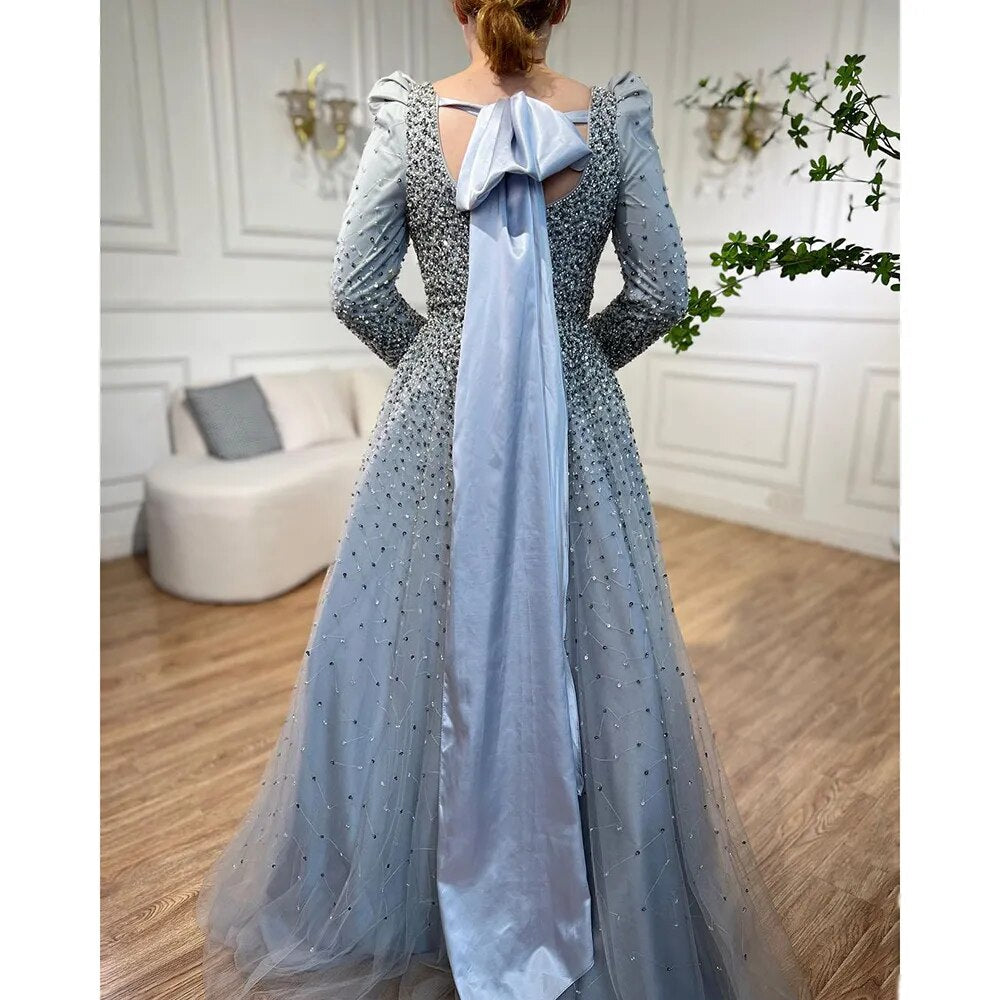 Serene Hill Arabic Grey A Line Elegant Beaded Luxury Evening Dresses Gowns Puffy Shoulder For Women Wedding Party 2025 LA71368 - SERENE HILL