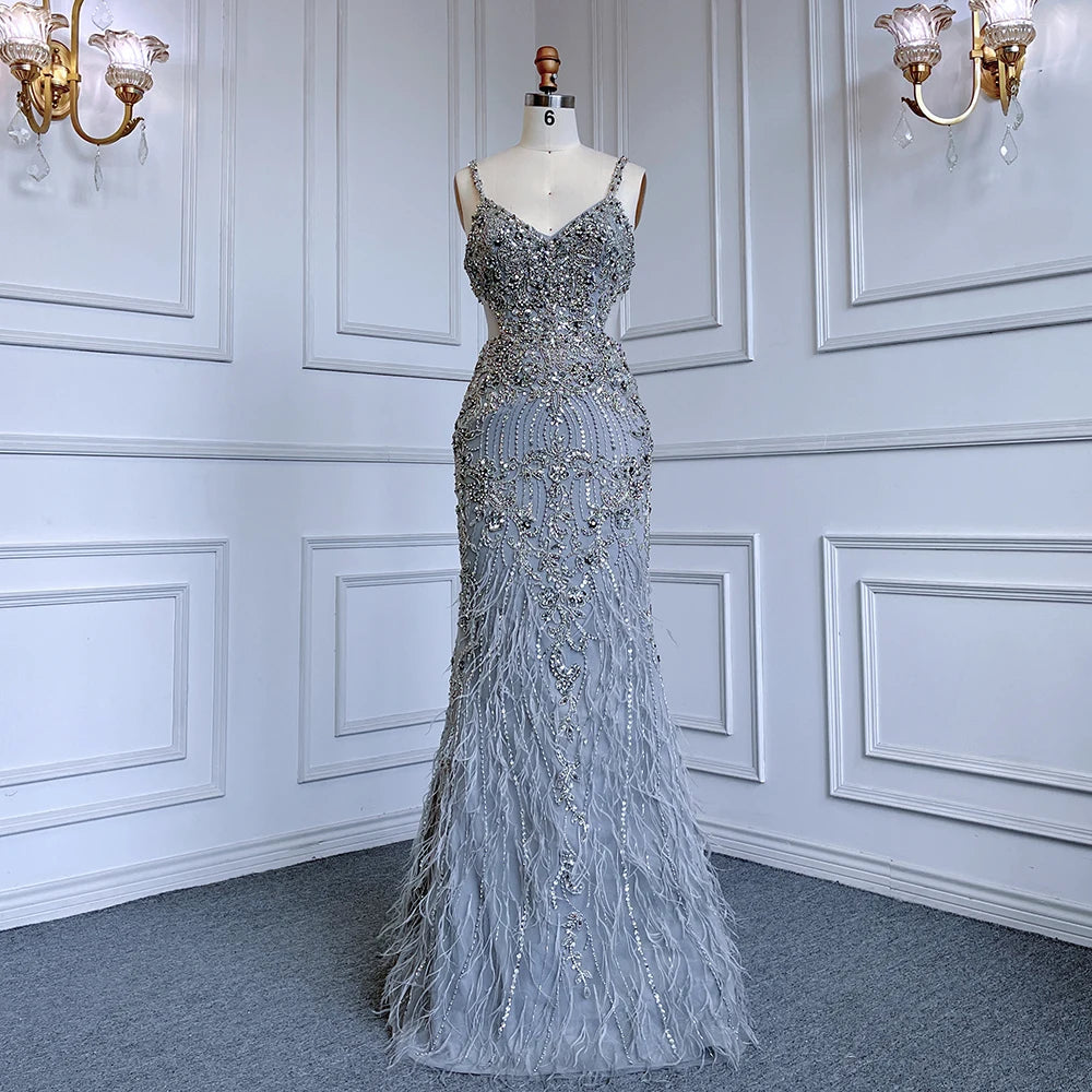 Serene Hill Arabic Grey Mermaid Spaghetti Straps Elegant Evening Dresses Gowns Luxury Beaded 2025 For Woman Party LA71652 - SERENE HILL