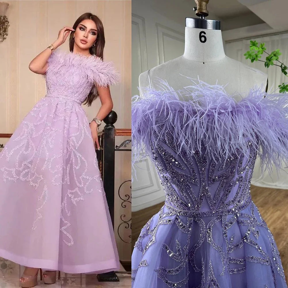 Serene Hill Arabic Lilac A-Line Ankle Length Beaded Feather Luxury Evening Dresses Gowns for Women Wedding Party 2025 LA71932 - SERENE HILL