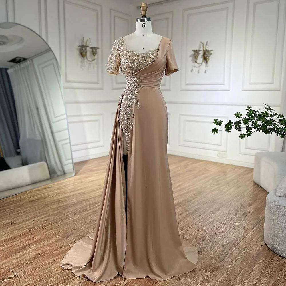 Serene Hill Arabic Lilac Mermaid Elegant Satin Beaded Luxury Dubai Gray Evening Dresses Gowns For Women Wedding Party LA72583 - SERENE HILL