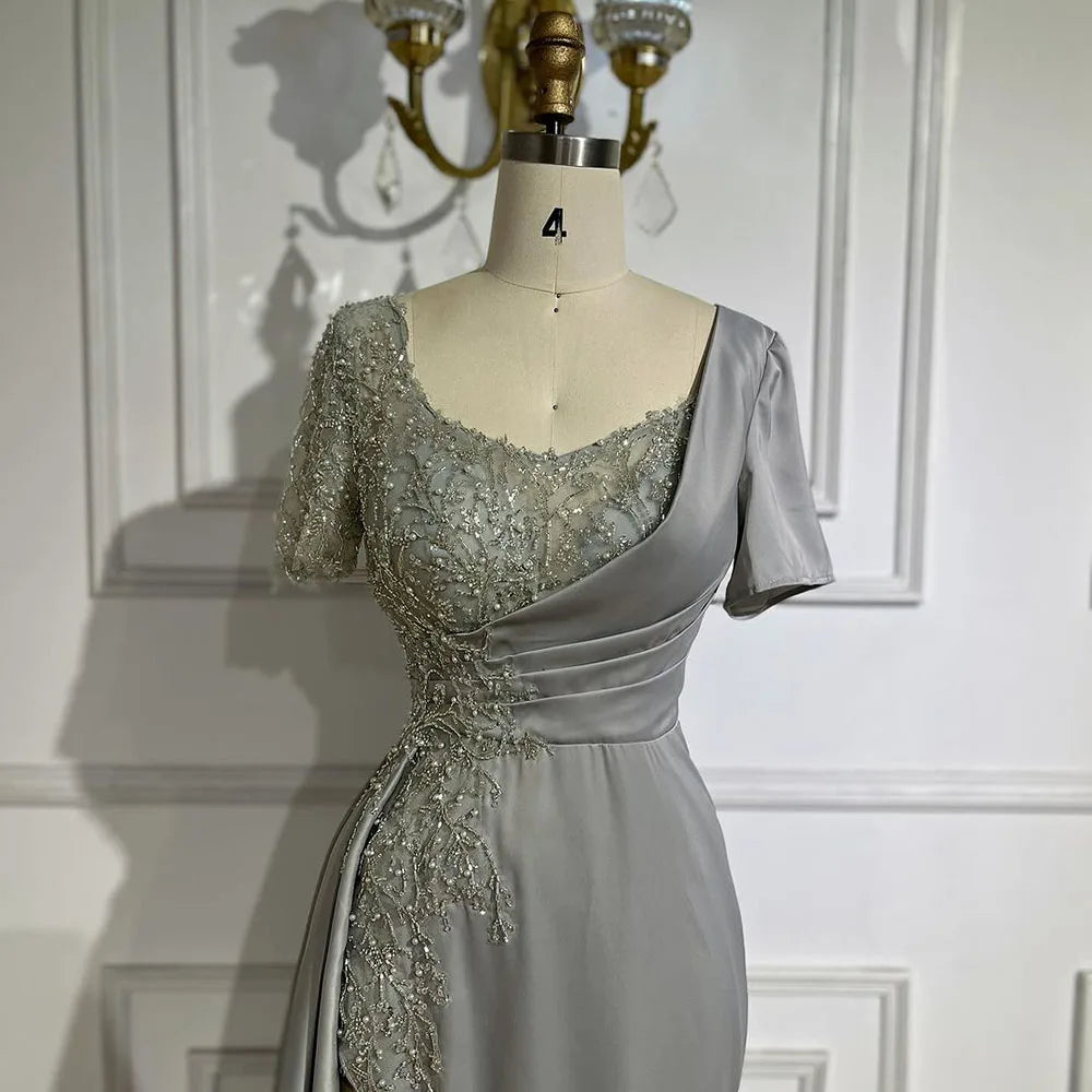 Serene Hill Arabic Lilac Mermaid Elegant Satin Beaded Luxury Dubai Gray Evening Dresses Gowns For Women Wedding Party LA72583 - SERENE HILL