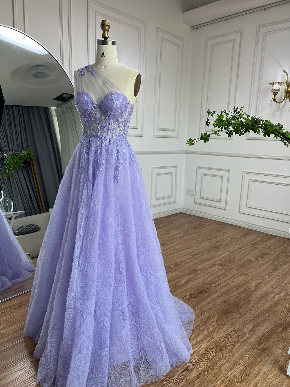 Luxury Lilac One-Shoulder A-Line Lace Prom Dress for Women&