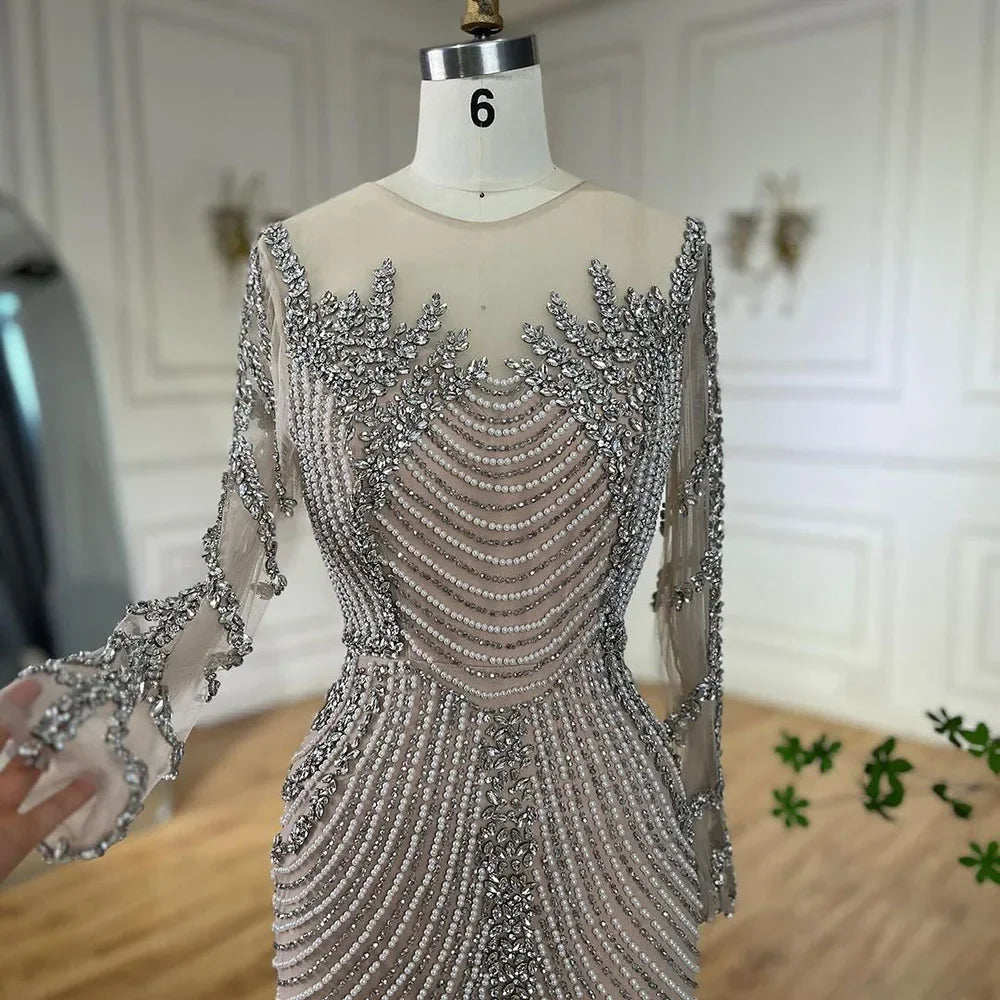 Muslim Elegant Crystal Pearls Evening Dresses With Long Sleeve LA72478 - SERENE HILL