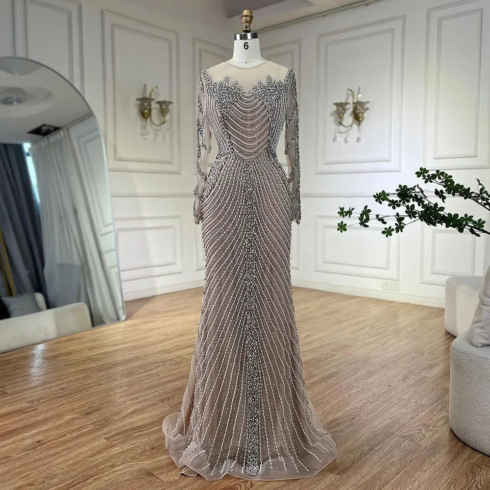 Muslim Elegant Crystal Pearls Evening Dresses With Long Sleeve LA72478 - SERENE HILL