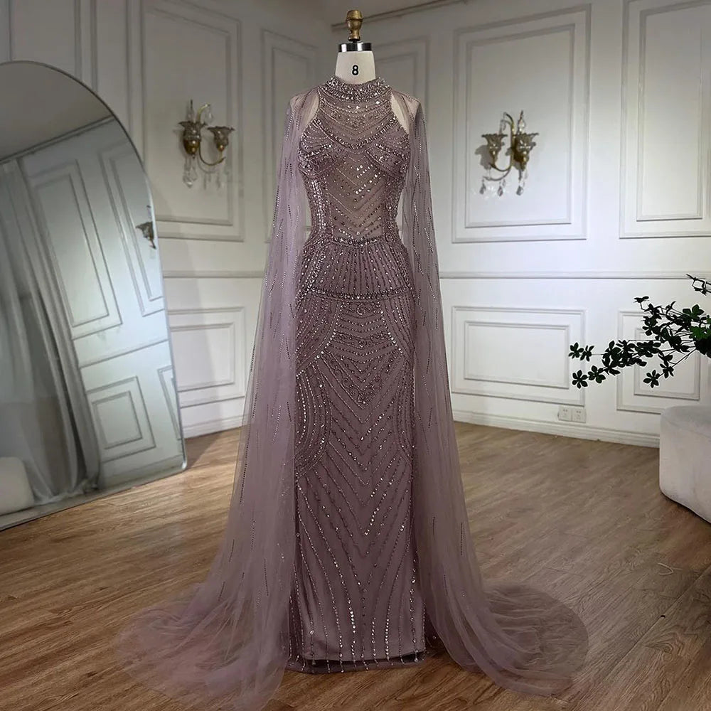 Luxury Dubai Caramel Beaded Mermaid Evening Dress with Cape Sleeves LA72138 - SERENE HILL
