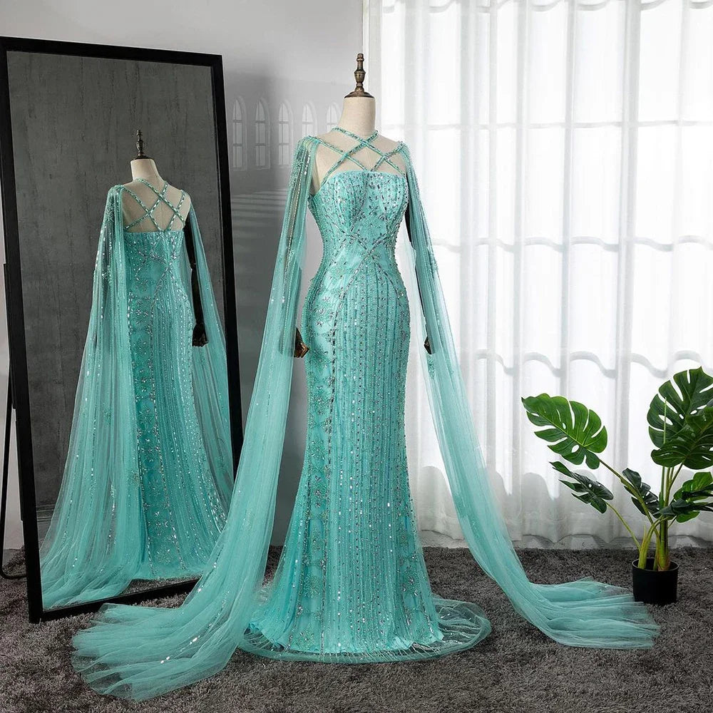 Luxury Aqua Lilac Mermaid Evening Dress with Cape Sleeves LA71905 - SERENE HILL