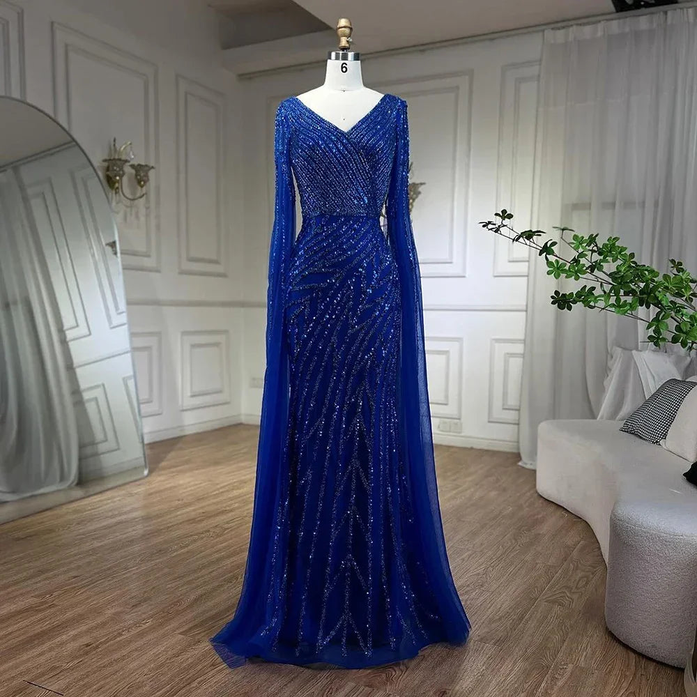 Serene Hill Arabic Mermaid Blue Beaded Elegant Cape Sleeves Luxury Evening Dress Gown For Women Wedding Party 2025 LA71493A - SERENE HILL
