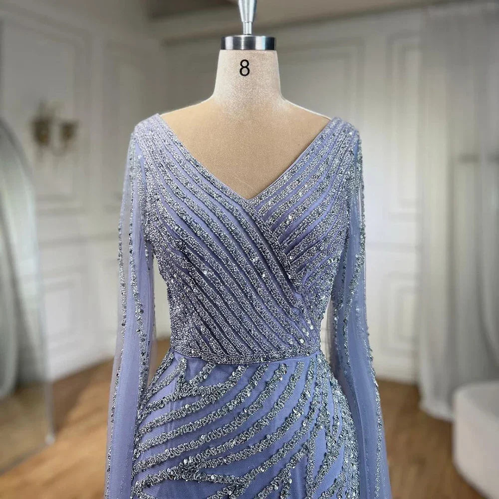 Serene Hill Arabic Mermaid Blue Beaded Elegant Cape Sleeves Luxury Evening Dress Gown For Women Wedding Party 2025 LA71493A - SERENE HILL