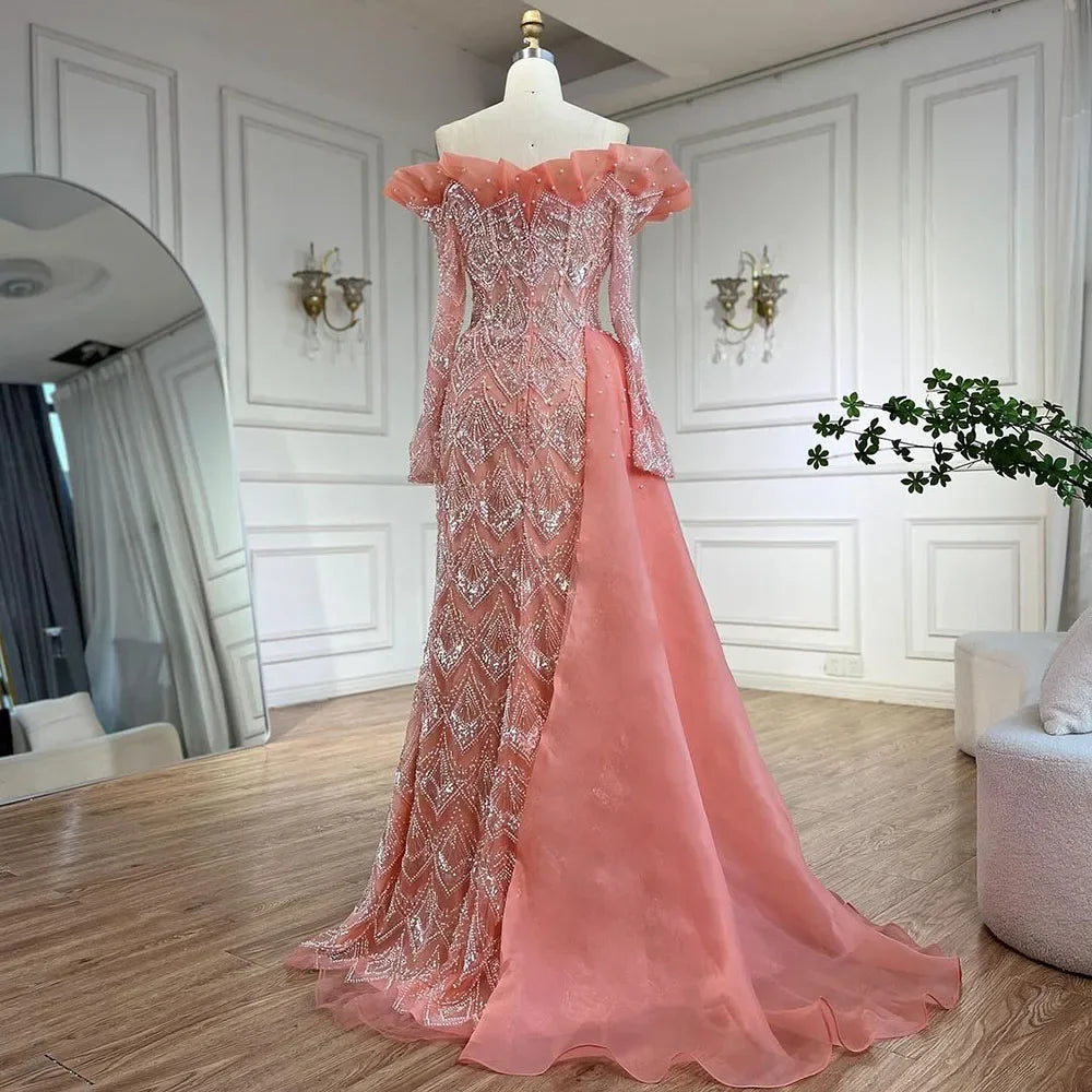 Serene Hill Arabic Mermaid Elegant Orange Luxury Evening Dresses Gowns Pearls Beaded For Women Party 2025 LA71649A - SERENE HILL