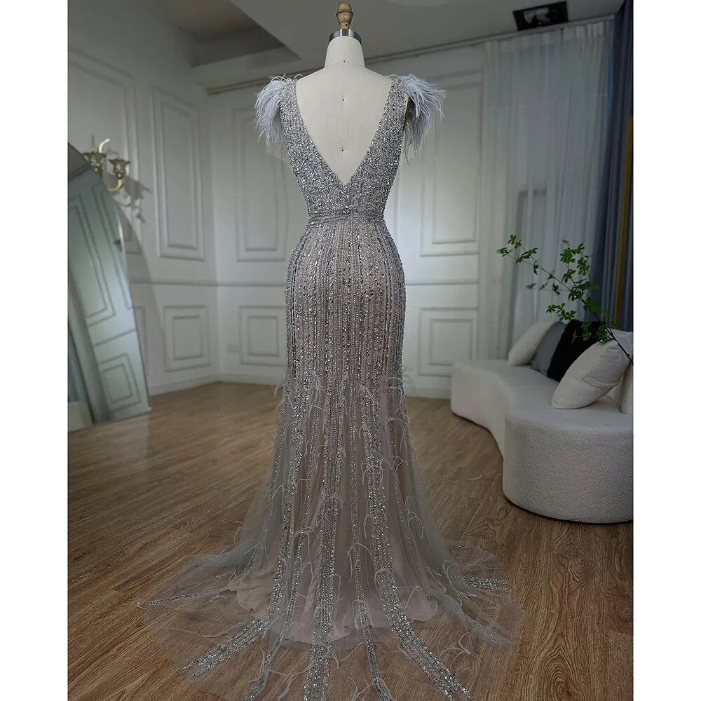 Serene Hill Arabic Mermaid Grey Nude V Neck Evening Dresses Gowns 2025 Feather Beaded Elegant For Women Wedding Party LA72184 - SERENE HILL