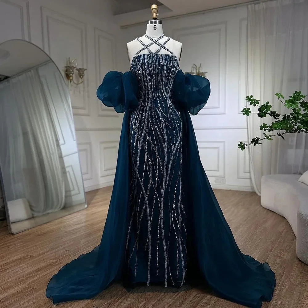 Serene Hill Arabic Navy Blue Elegant Mermaid Balloon Sleeves Beaded Luxury Dubai Evening Dresses Gowns For Women Party LA72072 - SERENE HILL