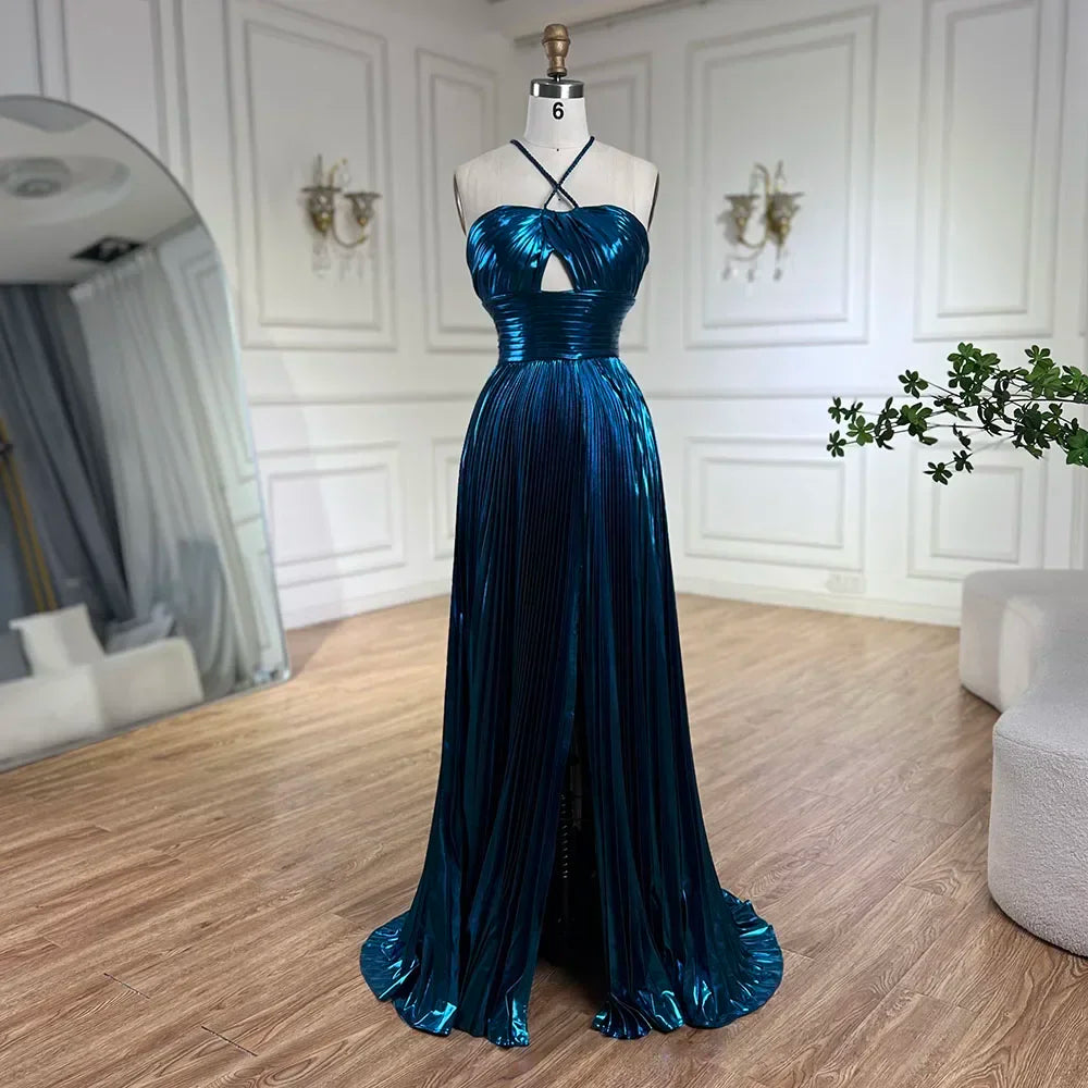 Serene Hill Arabic Navy Blue Halter Straps Lace-Up Back Mermaid Beaded Evening Gown for Women