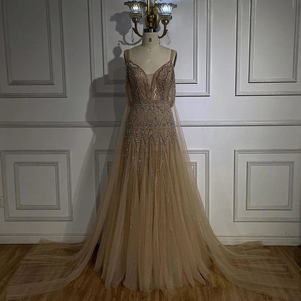 Serene Hill Arabic Nude A Line Spaghetti Strap Beaded Luxury Dubai Evening Dresses Gowns For Women Wedding Party 2025 LA71911L - SERENE HILL