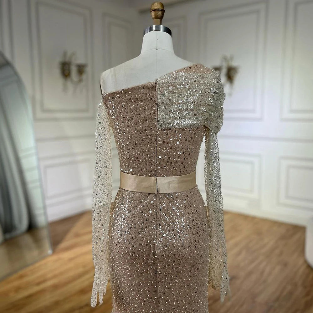 Serene Hill Arabic Nude Elegant One Shoulder Beaded Luxury Dubai Evening Dresses Gowns For Women Wedding Party 2025 LA72318D - SERENE HILL