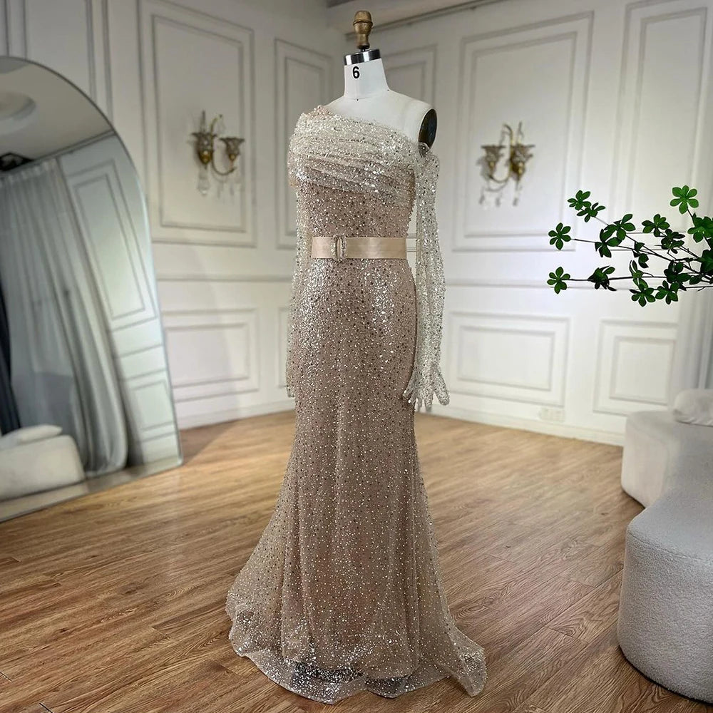 Serene Hill Arabic Nude Elegant One Shoulder Beaded Luxury Dubai Evening Dresses Gowns For Women Wedding Party 2025 LA72318D - SERENE HILL