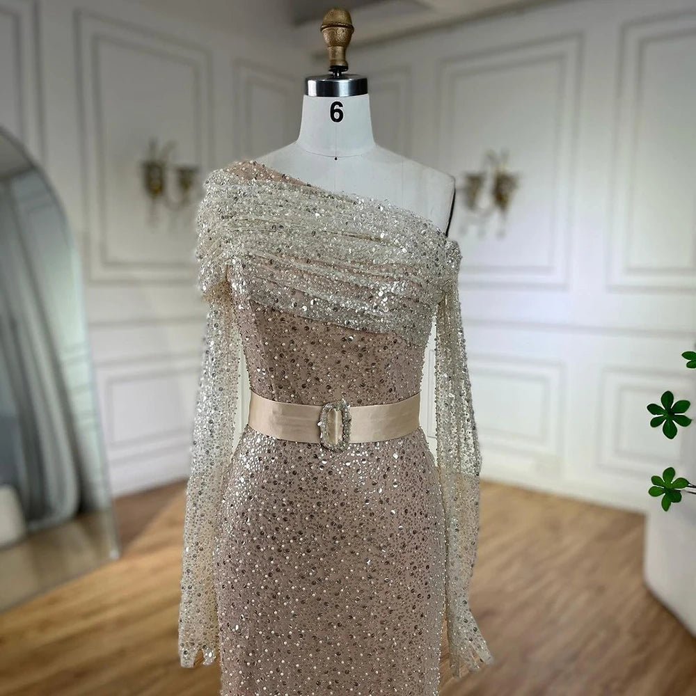 Serene Hill Arabic Nude Elegant One Shoulder Beaded Luxury Dubai Evening Dresses Gowns For Women Wedding Party 2025 LA72318D - SERENE HILL