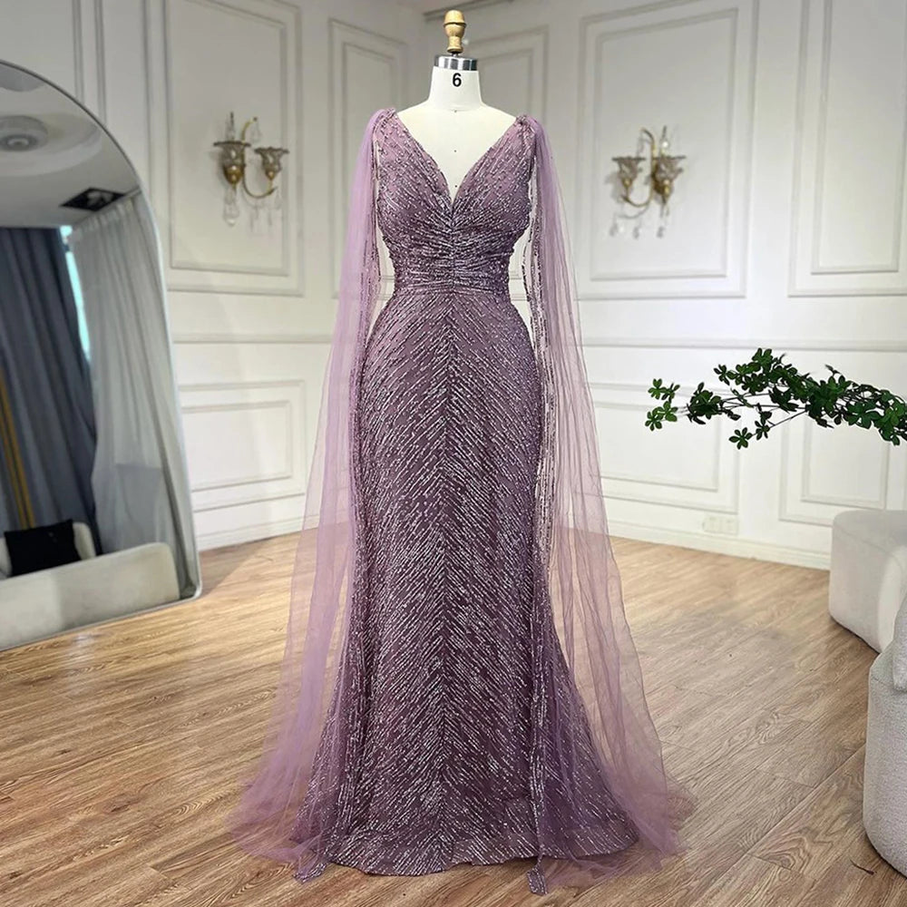 Serene Hill Arabic Nude Luxury Evening Dresses with Cape Sleeves A-Line Beaded and Gown For Women&