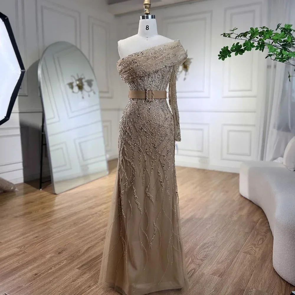 Serene Hill Arabic Nude Mermaid One Shoulder Beaded Luxury Dubai Evening Dresses Gowns For Women Wedding Party 2025 LA72161 - SERENE HILL