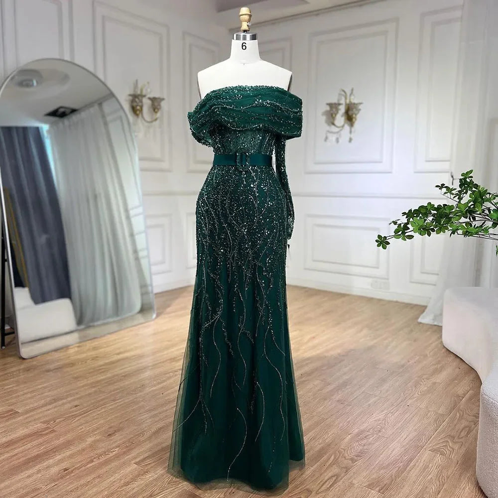Serene Hill Arabic Nude Mermaid One Shoulder Beaded Luxury Dubai Evening Dresses Gowns For Women Wedding Party 2025 LA72161 - SERENE HILL
