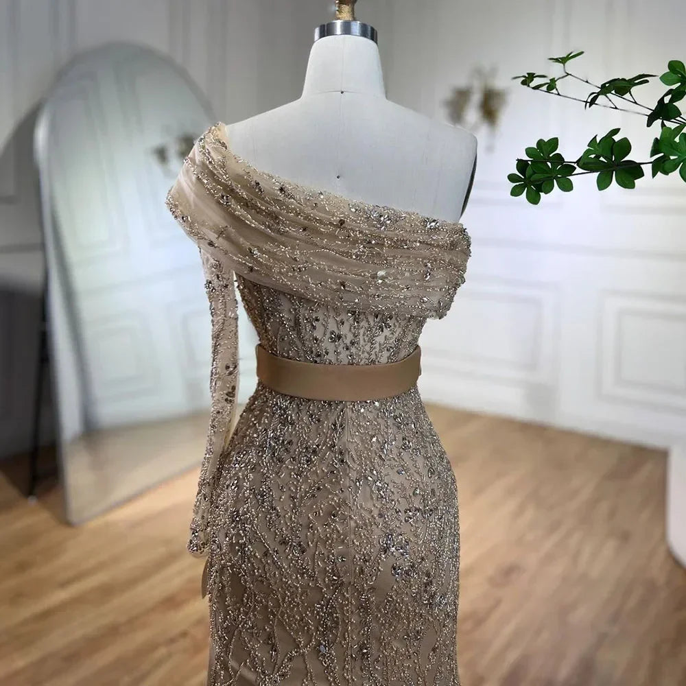 Serene Hill Arabic Nude Mermaid One Shoulder Beaded Luxury Dubai Evening Dresses Gowns For Women Wedding Party 2025 LA72161 - SERENE HILL