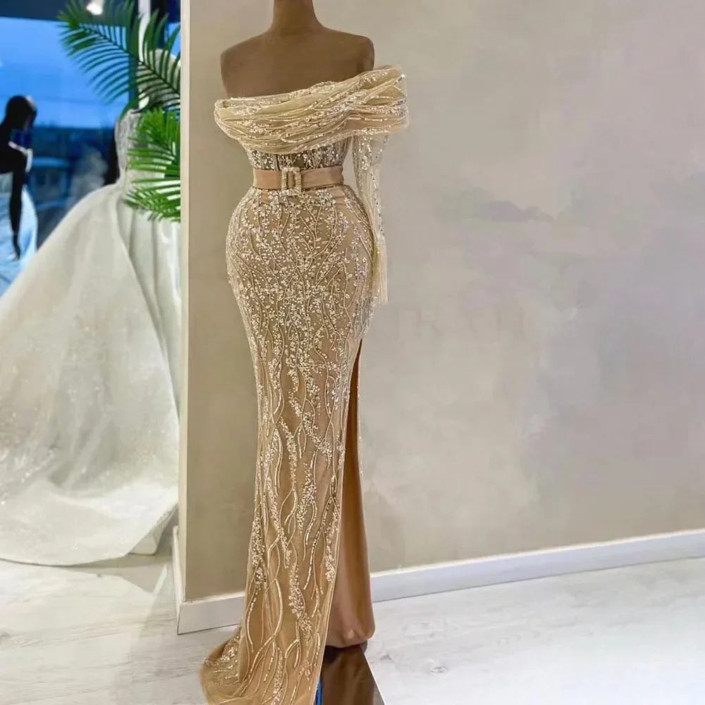 Serene Hill Arabic Nude Mermaid One Shoulder Beaded Luxury Dubai Evening Dresses Gowns For Women Wedding Party 2025 LA72161 - SERENE HILL