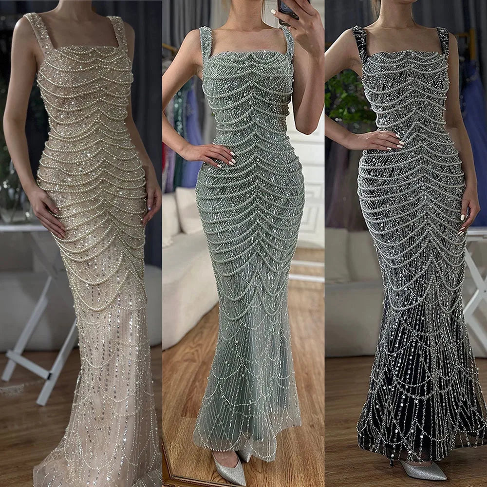 Luxury Dubai Arabic Nude Spaghetti Strap Mermaid Luxury Pearls Beaded Evening Gown for Women | Wedding Party LA72606A - SERENE HILL