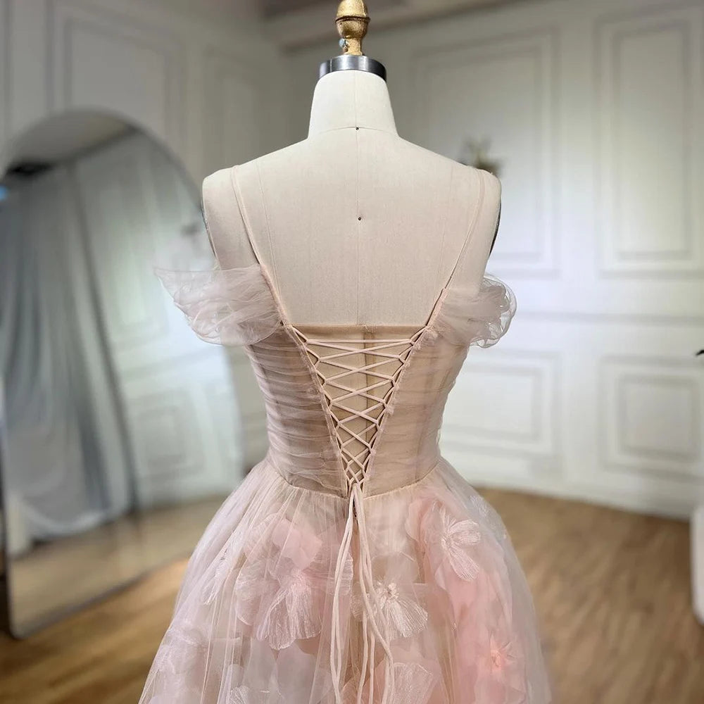 Elegant Off Shoulder Pink 3D Flowers Champagne Evening Dress Arabic LA72274 - SERENE HILL