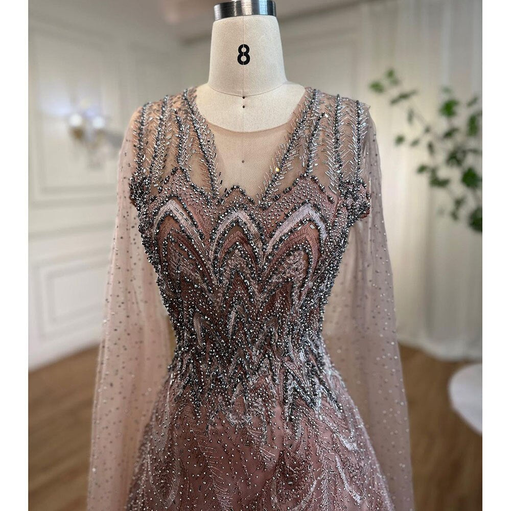Serene Hill Arabic Pink A Line Beaded Cape Sleeves Evening Dresses Long 2025 Celebrity Gowns For Woman Wedding Party LA72133 - SERENE HILL