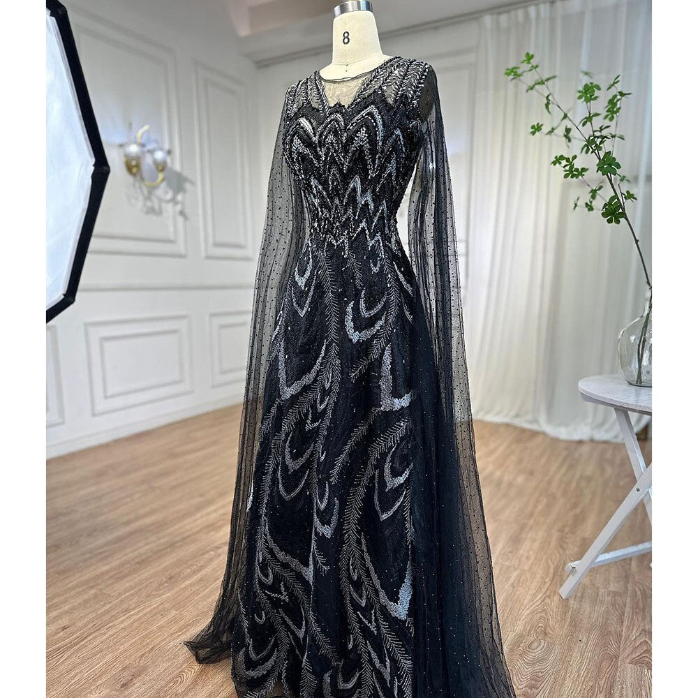 Serene Hill Arabic Pink A Line Beaded Cape Sleeves Evening Dresses Long 2025 Celebrity Gowns For Woman Wedding Party LA72133 - SERENE HILL
