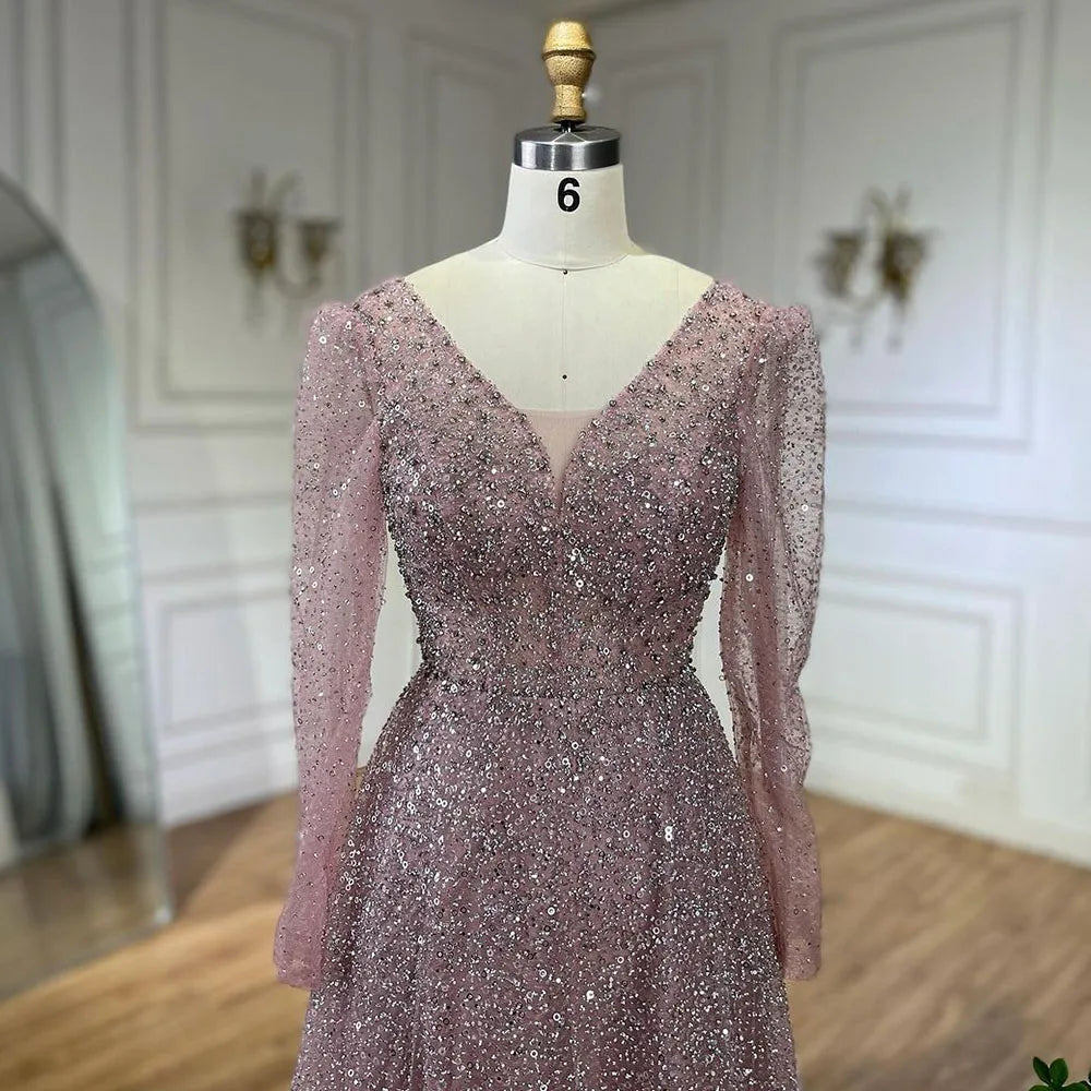 Serene Hill Arabic Pink A Line Elegant Long Sleeves Luxury Beaded Evening Dresses Gowns for Women Wedding Party 2025 LA72521 - SERENE HILL