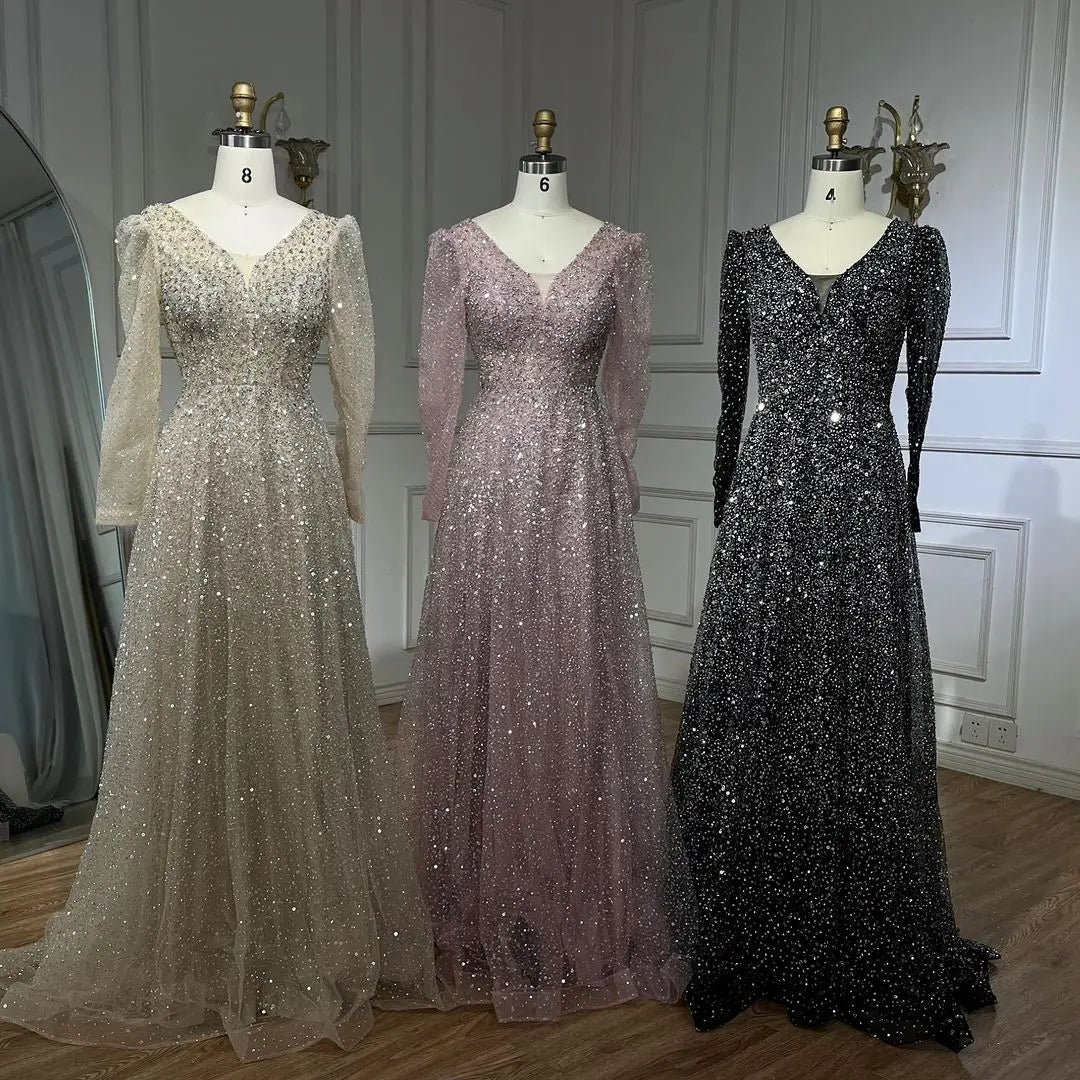 Serene Hill Arabic Pink A Line Elegant Long Sleeves Luxury Beaded Evening Dresses Gowns for Women Wedding Party 2025 LA72521 - SERENE HILL