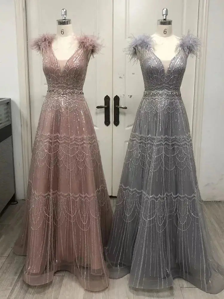 Serene Hill Arabic Pink A-Line Elegant Luxury Beaded Feathers Evening Dress for Women - Wedding Party 2025 LA72608 - SERENE HILL