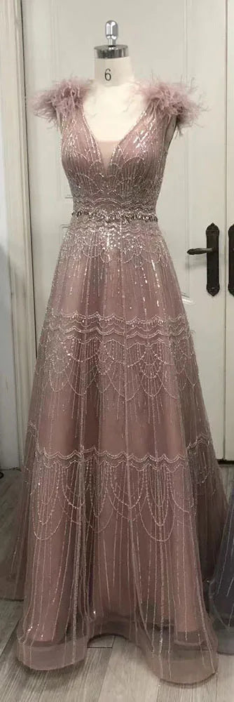 Serene Hill Arabic Pink A-Line Elegant Luxury Beaded Feathers Evening Dress for Women - Wedding Party 2025 LA72608 - SERENE HILL