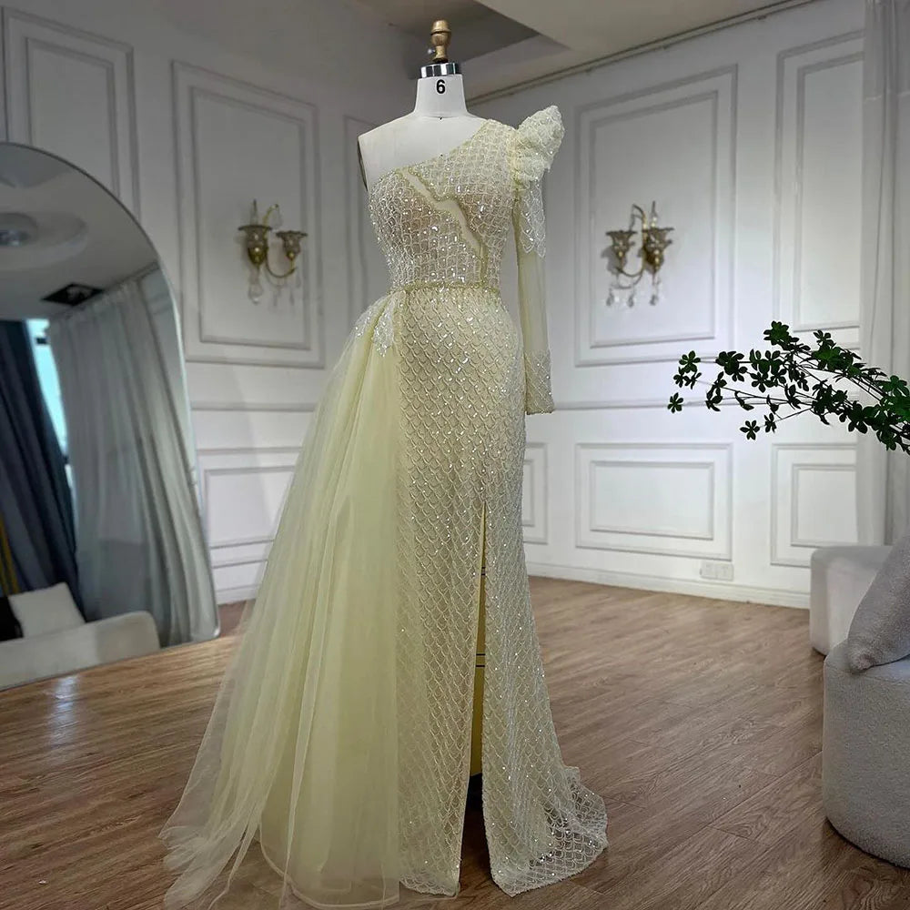 Serene Hill Arabic Pink Mermaid Elegant One Shoulder Beaded Luxury Evening Dresses Gowns For Women Wedding Party 2025 LA72561 - SERENE HILL
