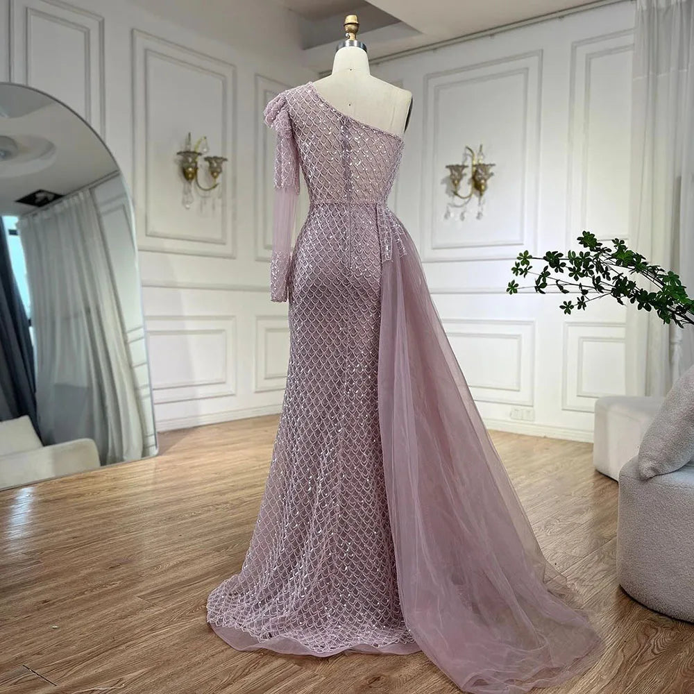 Serene Hill Arabic Pink Mermaid Elegant One Shoulder Beaded Luxury Evening Dresses Gowns For Women Wedding Party 2025 LA72561 - SERENE HILL