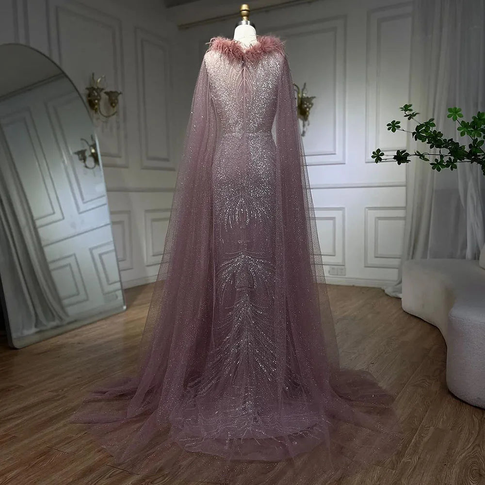 Serene Hill Arabic Pink Mermaid Evening Dress with Elegant Luxury Feathers Beaded Cape Sleeves for Women&