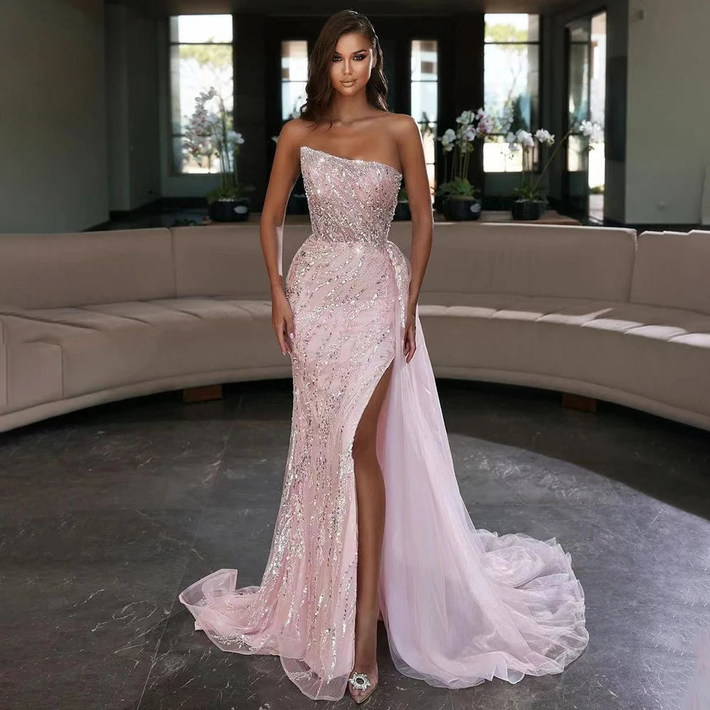 strapless open back dress Luxury Pink Mermaid Beaded Off-Shoulder Evening Dress LA71795 Pink / 2