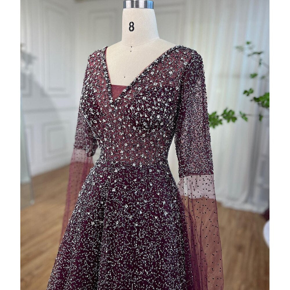 Serene Hill Arabic Purple A Line Beaded Evening Dresses V Neck With Cape Sleeves Gowns For Women Wedding Party 2025 LA72146 - SERENE HILL
