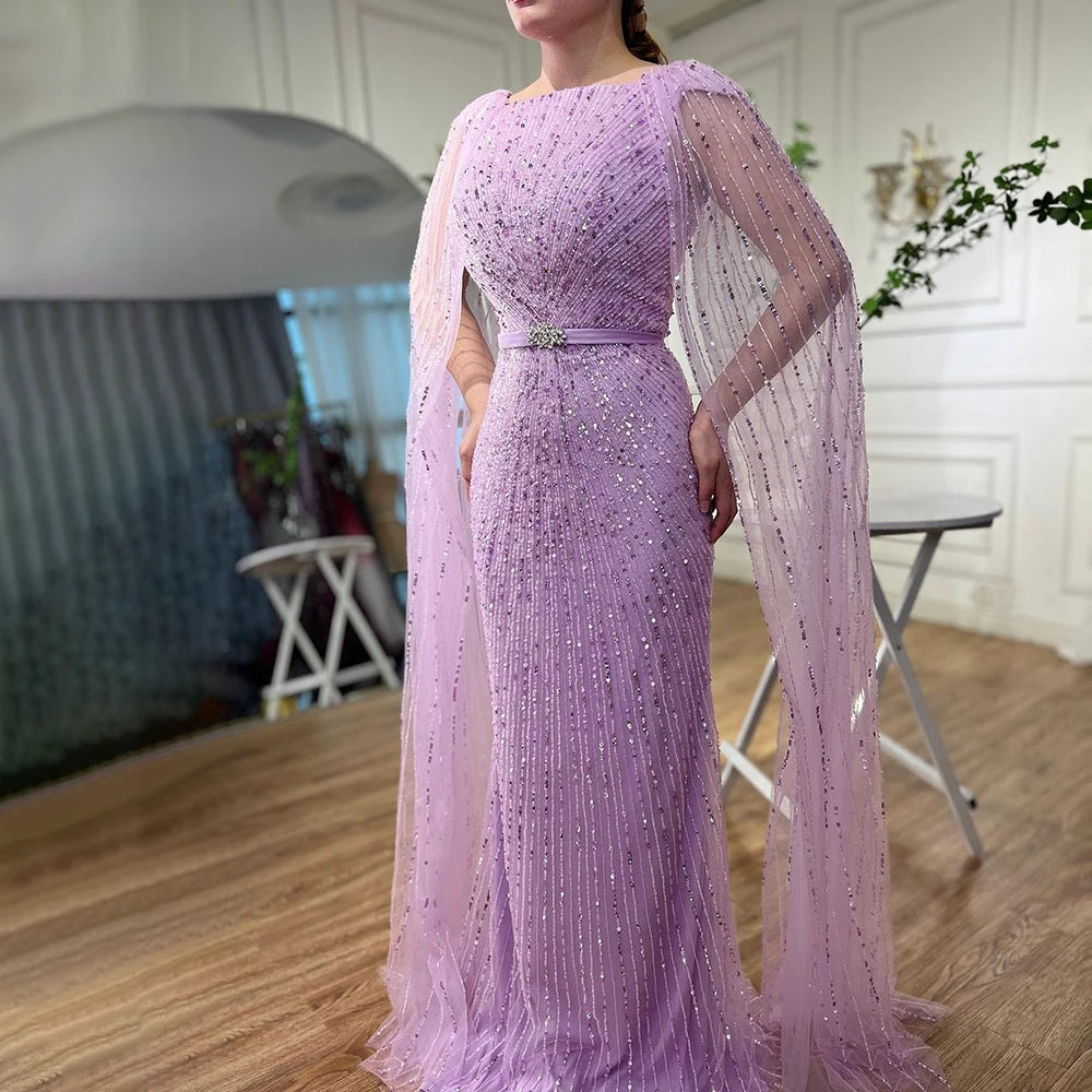 Luxury Arabic Purple Mermaid Evening Dress with Cape Sleeves LA71909 - SERENE HILL
