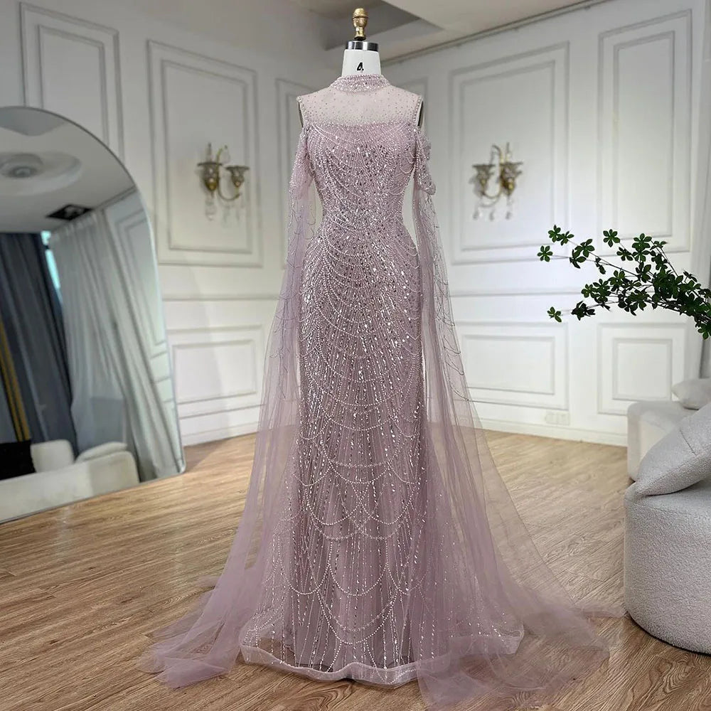 Serene Hill Arabic Purple Mermaid Cape Sleeves Beaded Luxury Long Evening Dresses Gowns 2025 For Woman Wedding Party LA71992 - SERENE HILL