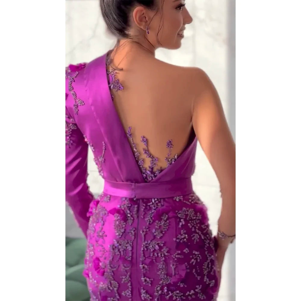 Serene Hill Arabic Purple Mermaid Satin Lace Beaded Luxury Dubai Evening Dresses Gowns 2025 Elegant For Women Party LA72179 - SERENE HILL