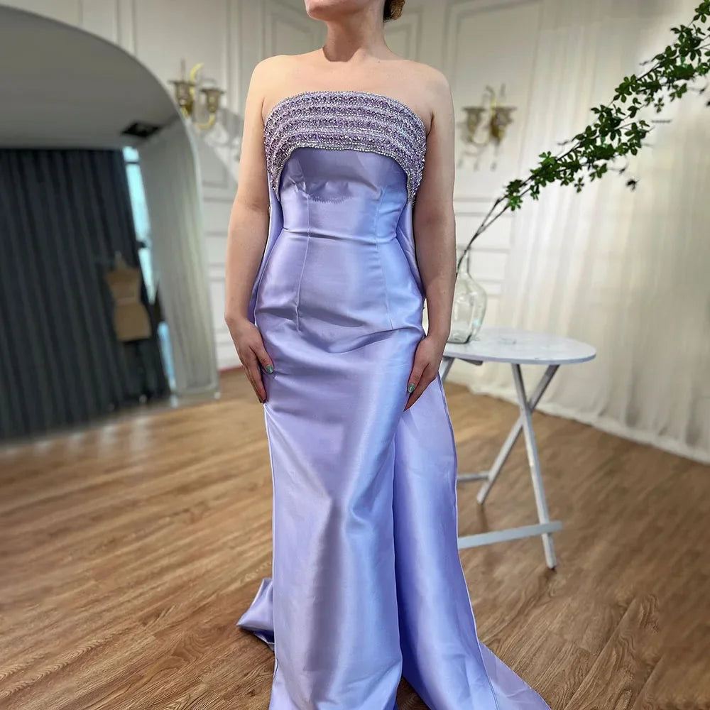 Serene Hill Arabic Purple Mermaid Satin With Jacket Beaded Evening Dresses Gowns 2025 For Women Wedding Party LA71897 - SERENE HILL