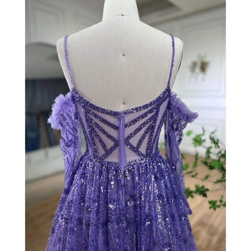 Serene Hill Arabic Purple Sexy Spaghetti Strap Long Sleeves Beaded Luxury A Line Dubai Evening Dresses 2025 LA72234 - SERENE HILL