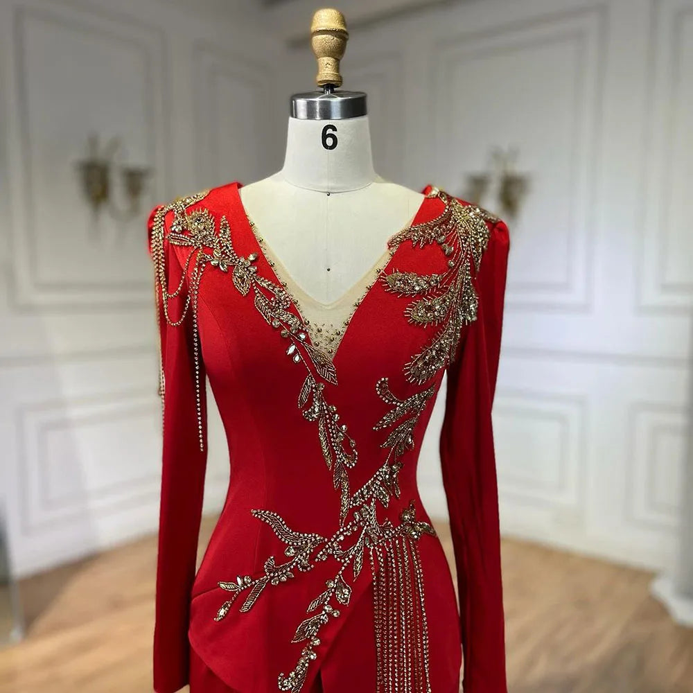 Serene Hill-Arabic Red Mermaid Dresses for Women, Elegant Tassel, Beaded, Luxury, Dubai Evening Gowns, Wedding Party, LA72558, - SERENE HILL